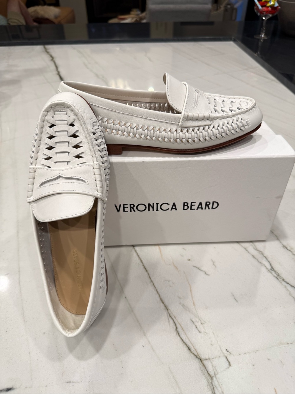 Veronica Beard White Woven Leather Penny Loafers